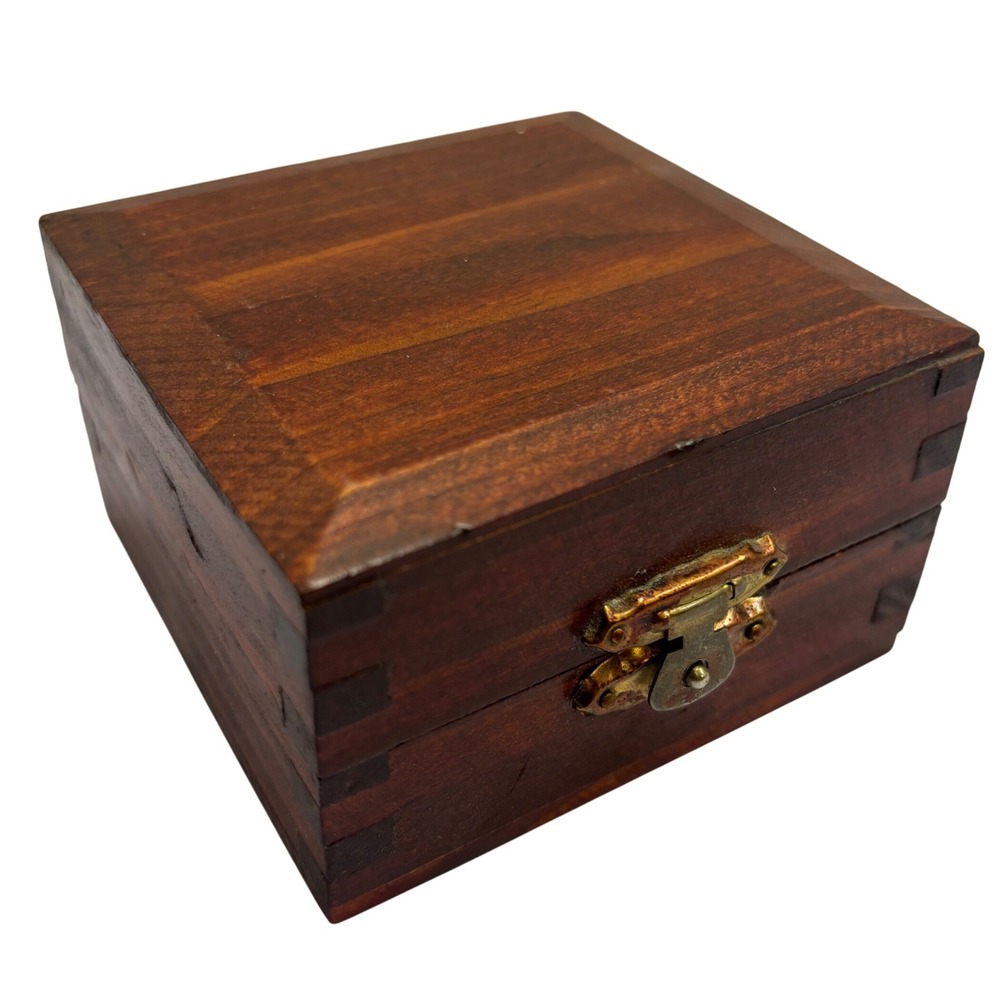 Small Vintage Wooden Trinket Box Dark Brown Beveled Lid Jewelry Keepsake Chest